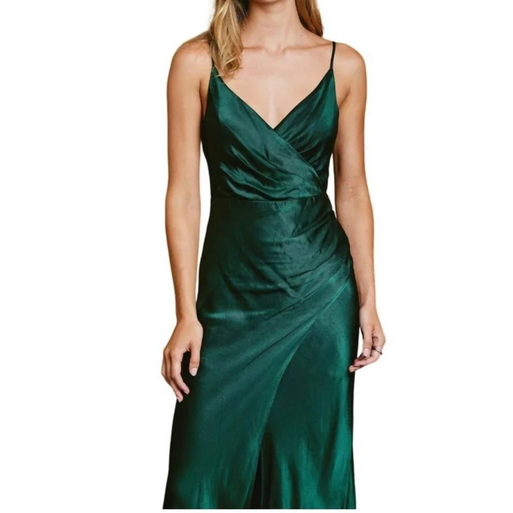 Roused Bust Wrap High Slit Spaghetti Strap Dark Emerald Satin Dress
